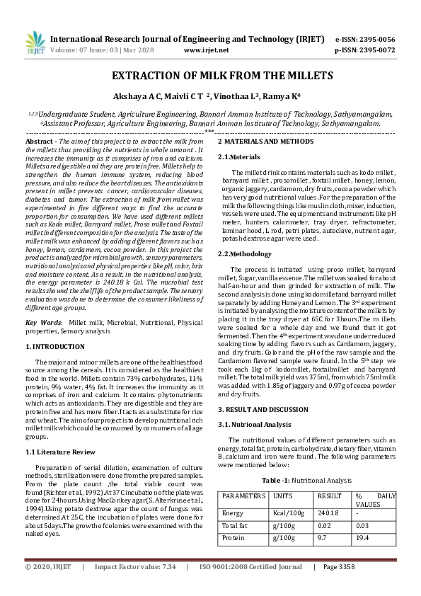 (PDF) IRJET EXTRACTION OF MILK FROM THE MILLETS IRJET Journal