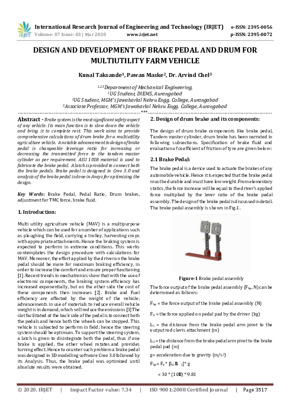 (PDF) DESIGN AND DEVELOPMENT OF BRAKE PEDAL AND DRUM FOR MULTIUTILITY ...