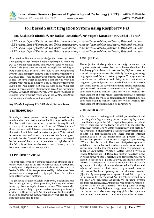 (PDF) IRJET- IoT based Smart Irrigation System using Raspberry Pi3