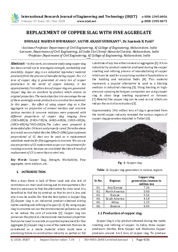 (PDF) IRJET- REPLACEMENT OF COPPER SLAG WITH FINE AGGREGATE