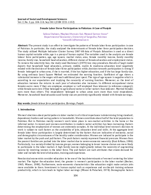 (PDF) Female Labor Force Participation in Pakistan: A Case of Punjab
