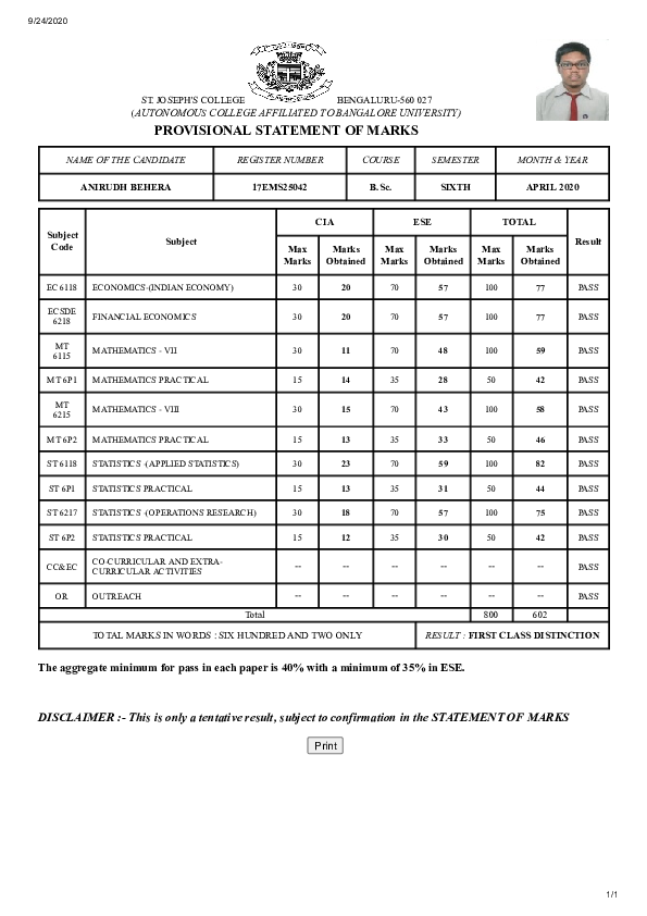 (PDF) PROVISIONAL STATEMENT OF MARKS Anirudh Behera Academia.edu