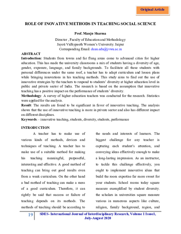 (PDF) ROLE OF INOVATIVE METHODS IN TEACHING SOCIAL SCIENCE