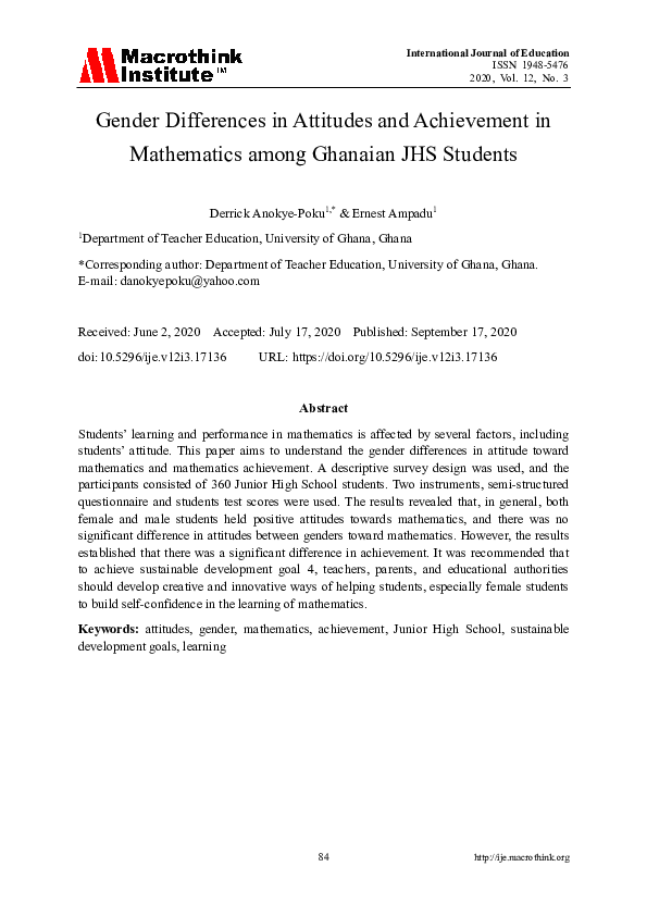 (PDF) Gender Differences in Attitudes and Achievement in Mathematics ...