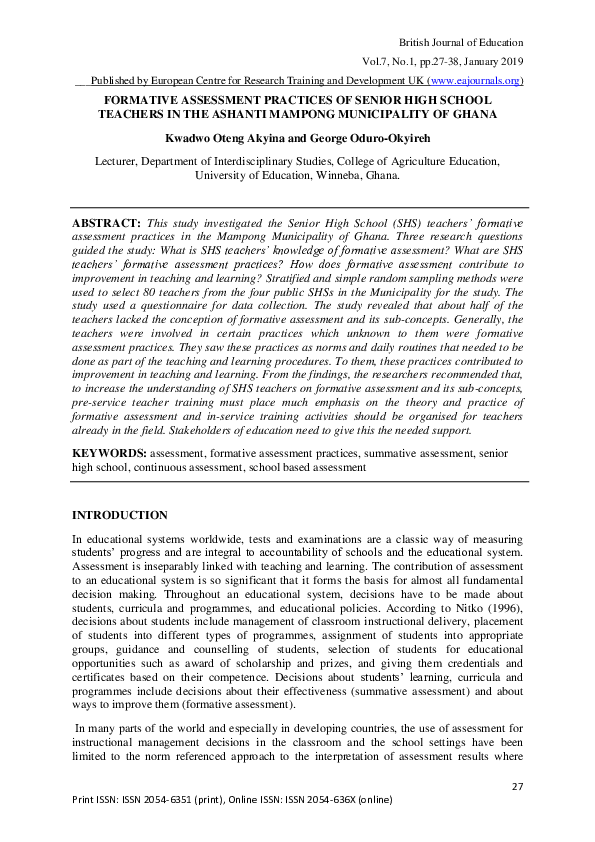 (PDF) FORMATIVE ASSESSMENT PRACTICES OF SENIOR HIGH SCHOOL TEACHERS IN ...