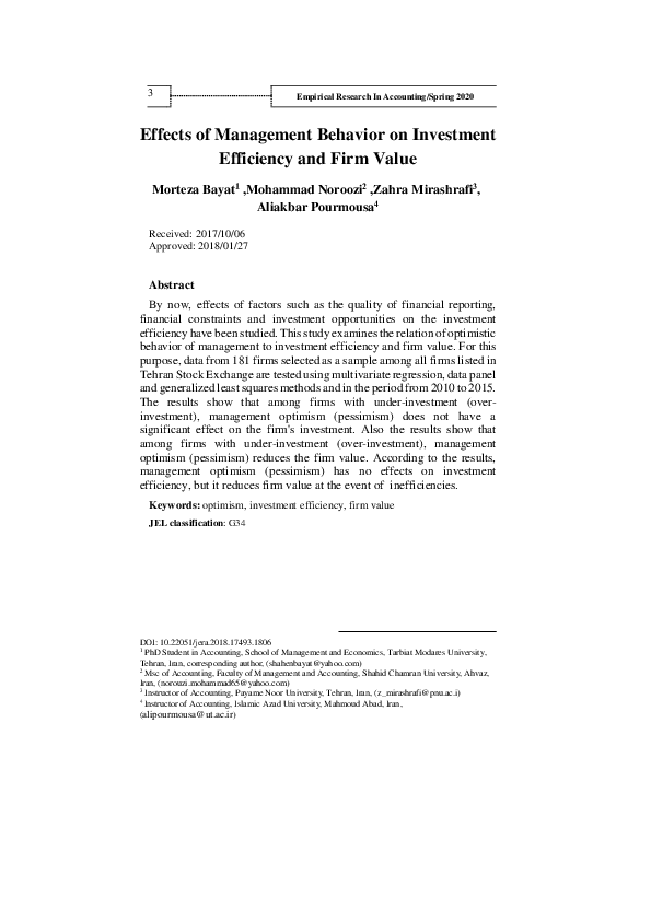 (PDF) Effects of Management Behavior on Investment Efficiency and Firm ...