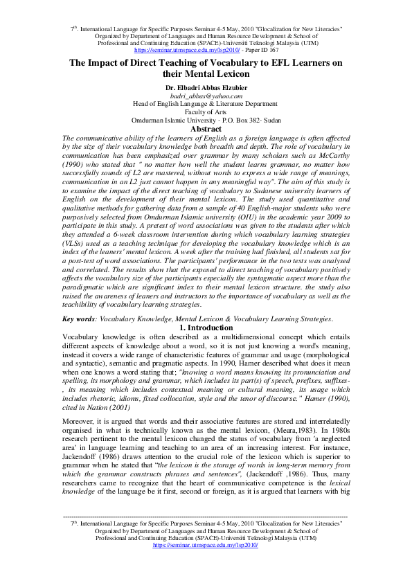 (PDF) The Impact of Direct Teaching of Vocabulary to EFL Learners on ...