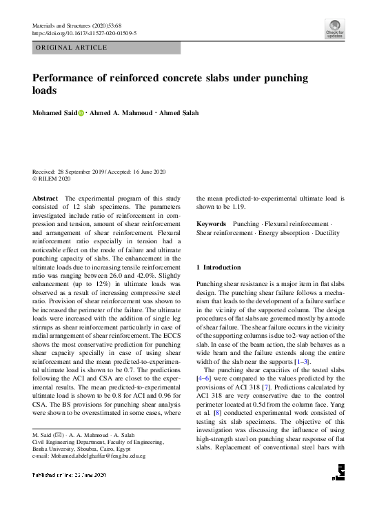 (PDF) Performance of reinforced concrete slabs under punching loads