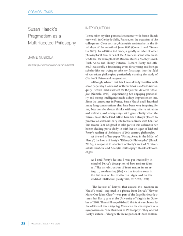 (PDF) Susan Haack’s Pragmatism as a Multi-faceted Philosophy