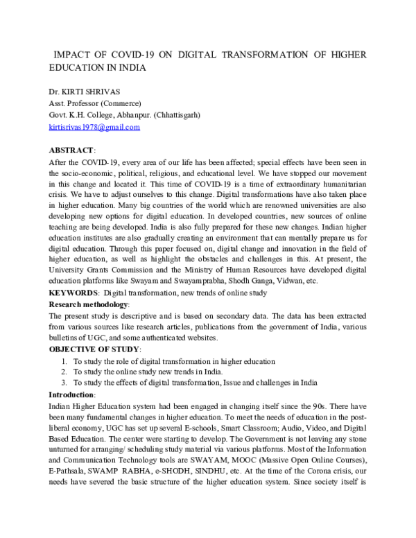 (DOC) IMPACT OF COVID-19 ON DIGITAL TRANSFORMATION OF HIGHER EDUCATION ...