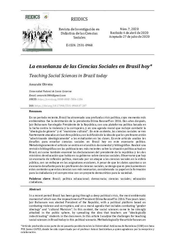 (PDF) La enseñanza de las Ciencias Sociales en Brasil hoy