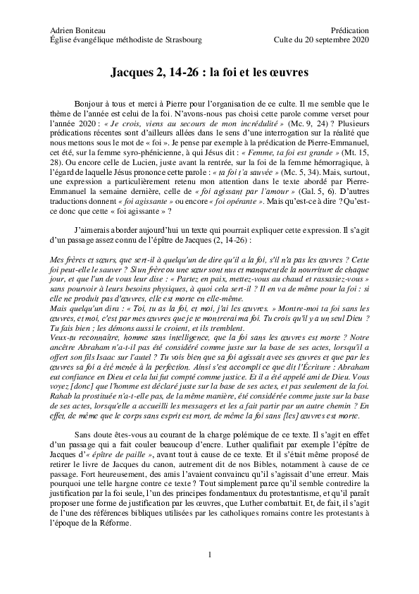 (PDF) Jacques 2, 14-26 : la foi et les oeuvres (prédication, Eglise ...