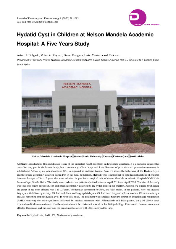 PDF) Hydatid Cyst in Children at Nelson Mandela Academic Hospital 