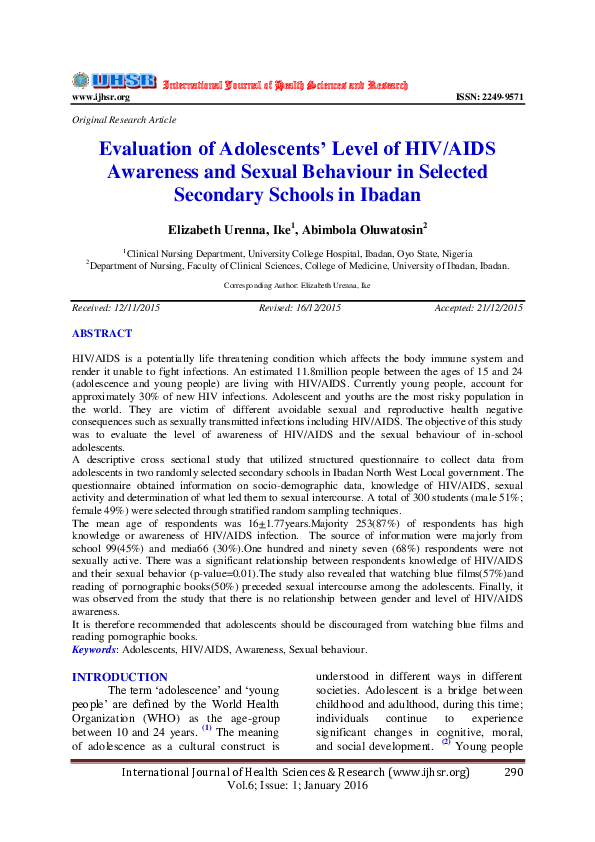 (PDF) Evaluation of Adolescents' Level of HIV/AIDS Awareness and Sexual ...