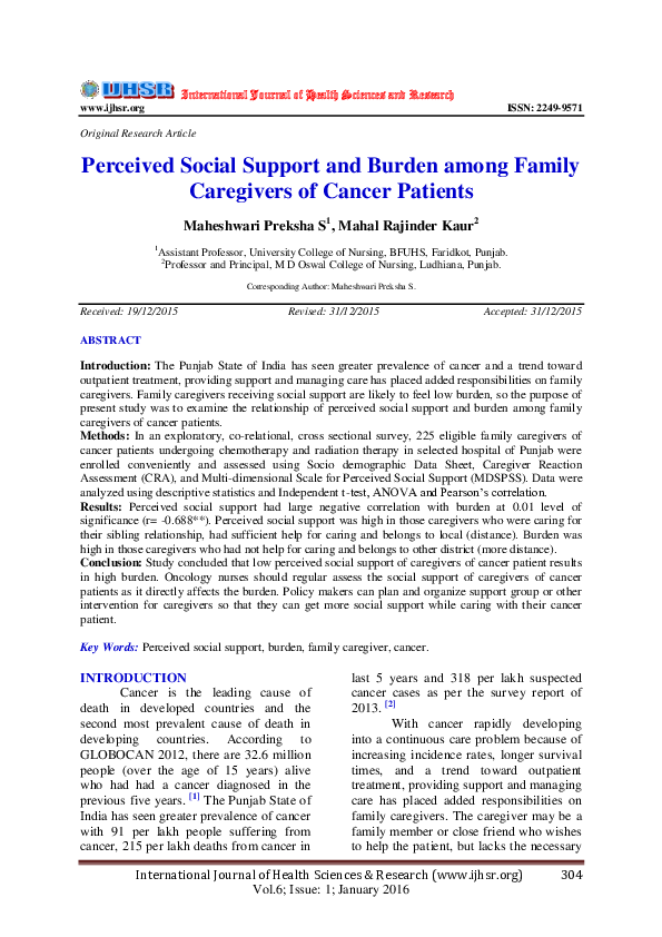 (PDF) Perceived Social Support and Burden among Family Caregivers of ...