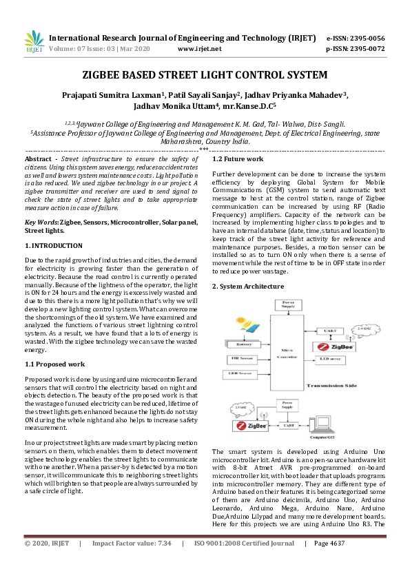(PDF) IRJET- ZIGBEE BASED STREET LIGHT CONTROL SYSTEM