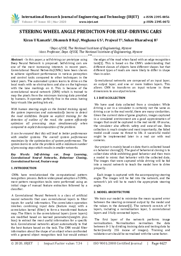 (PDF) IRJET- STEERING WHEEL ANGLE PREDICTION FOR SELF-DRIVING CARS