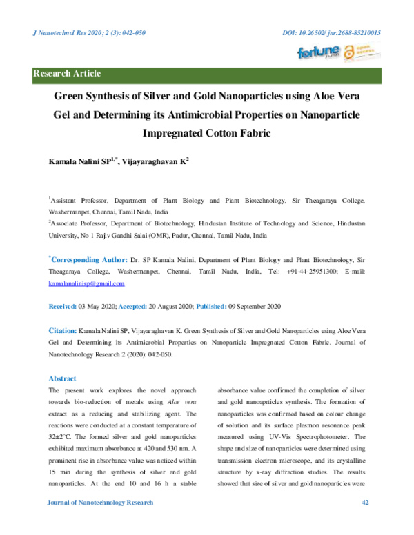 (PDF) Green Synthesis of Silver and Gold Nanoparticles using Aloe Vera ...