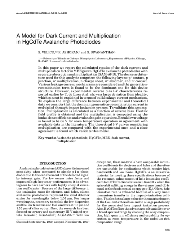 (PDF) A model for dark current and multiplication in HgCdTe avalanche ...