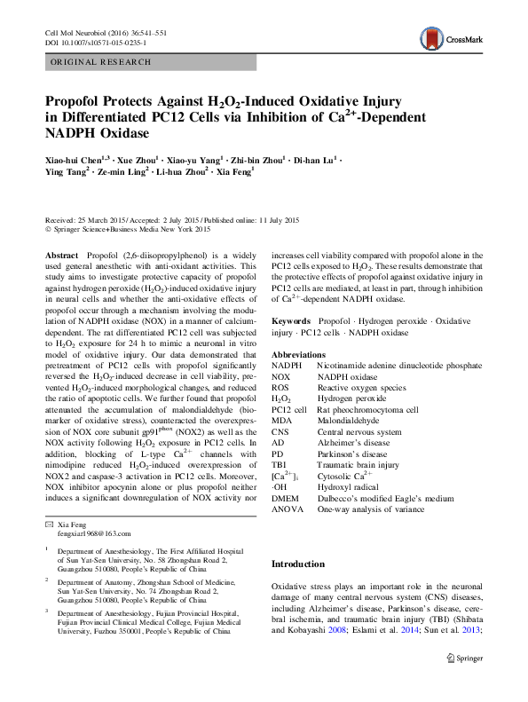 (PDF) Propofol Protects Against H 2 O 2 -Induced Oxidative Injury in ...
