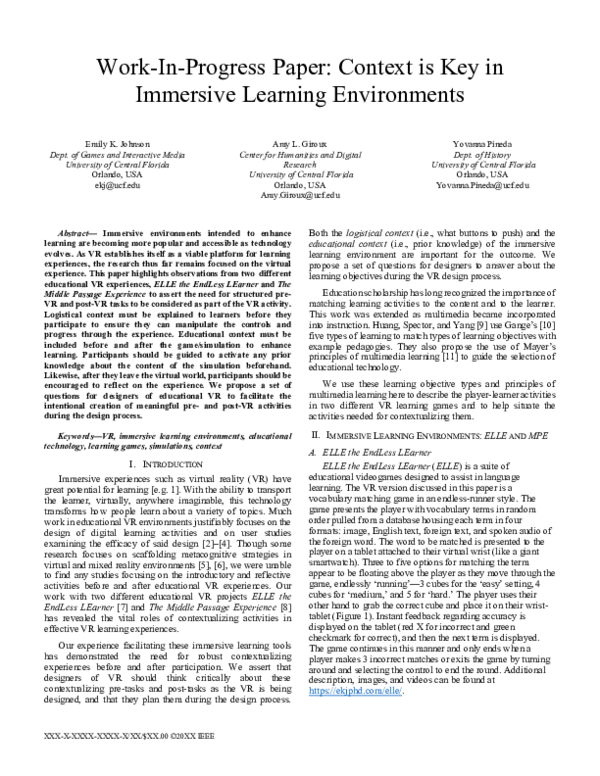 (PDF) Work-In-Progress: Context is Key in Immersive Learning Environments