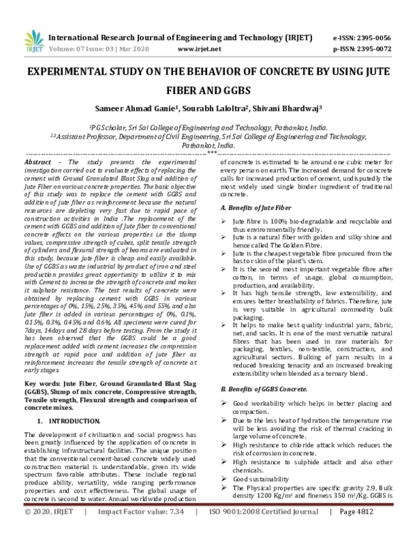 (PDF) IRJET- EXPERIMENTAL STUDY ON THE BEHAVIOR OF CONCRETE BY USING ...