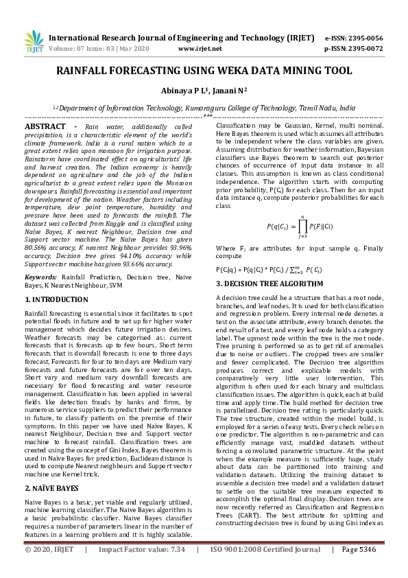 (PDF) IRJET- RAINFALL FORECASTING USING WEKA DATA MINING TOOL