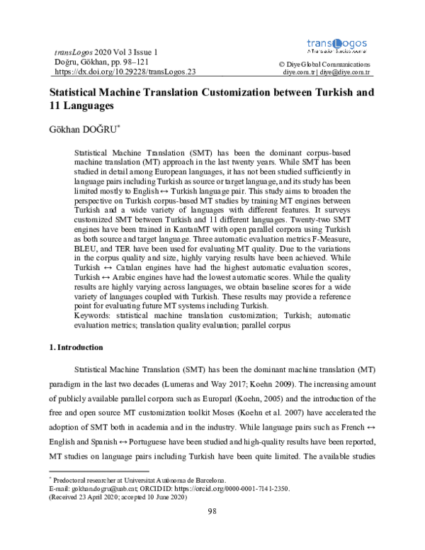 (PDF) Statistical Machine Translation Customization between Turkish and ...