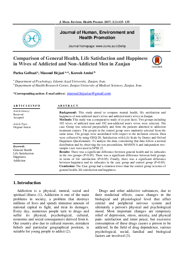 (PDF) Comparison of General Health, Life Satisfaction and Happiness in ...