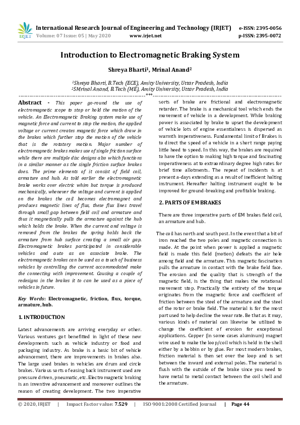 (PDF) IRJET- Introduction to Electromagnetic Braking System