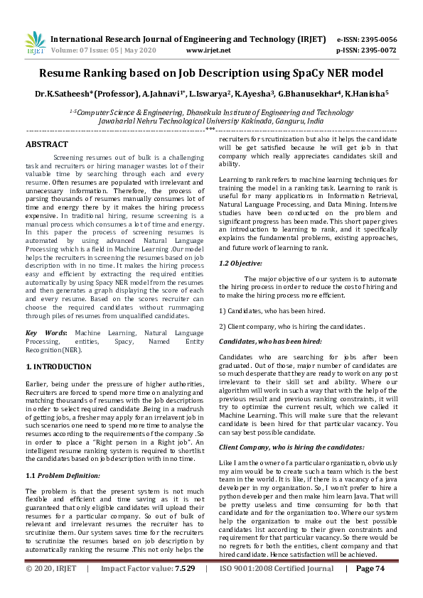 (PDF) IRJET- Resume Ranking based on Job Description using SpaCy NER model