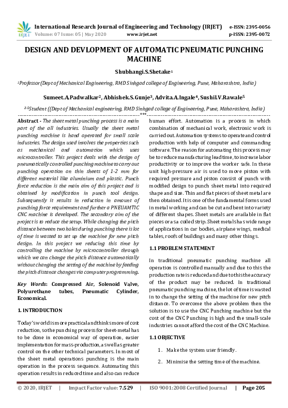 (PDF) IRJET- DESIGN AND DEVLOPMENT OF AUTOMATIC PNEUMATIC PUNCHING MACHINE