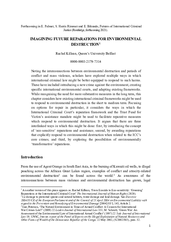 (PDF) IMAGINING FUTURE REPARATIONS FOR ENVIRONMENTAL DESTRUCTION 1