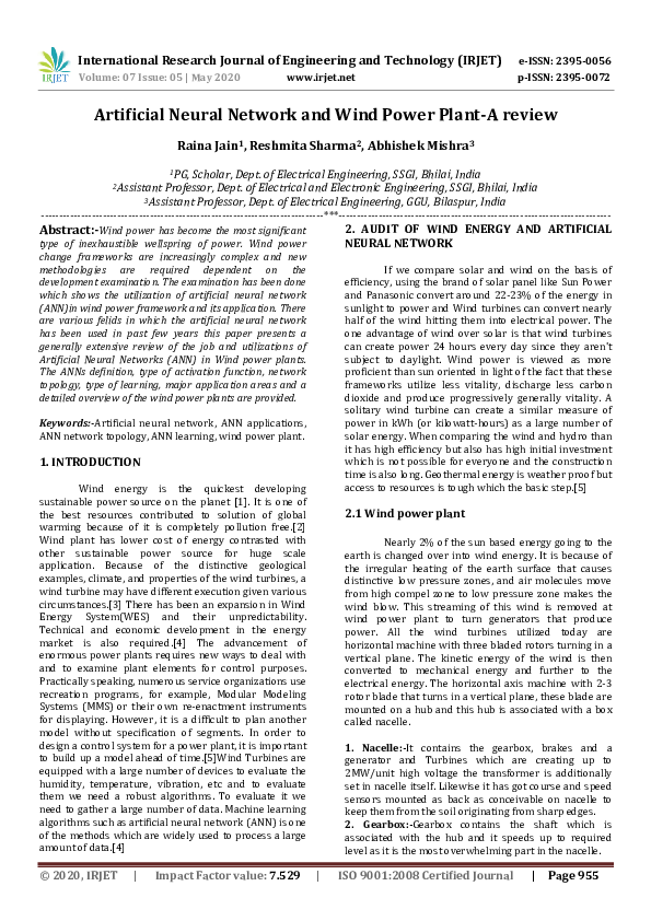 (PDF) IRJET- Artificial Neural Network and Wind Power Plant-A review