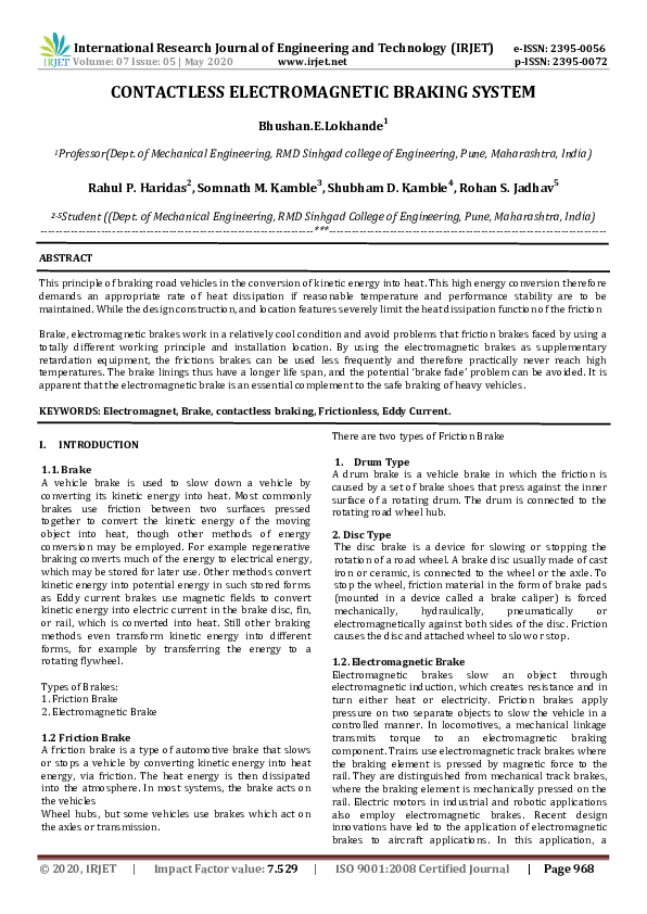 (PDF) IRJET CONTACTLESS BRAKING SYSTEM IRJET Journal