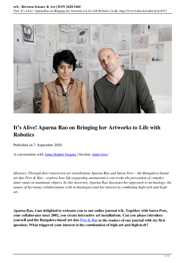 (PDF) It's Alive! Aparna Rao on Bringing her Artworks to Life with Robotics