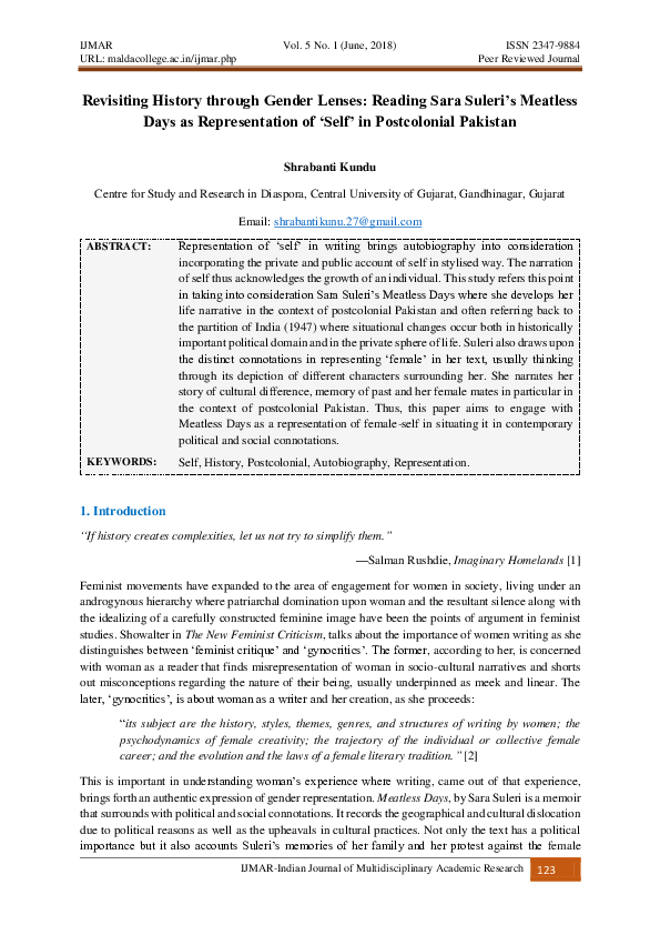 (PDF) Revisiting History through Gender Lenses Reading Sara Suleri's