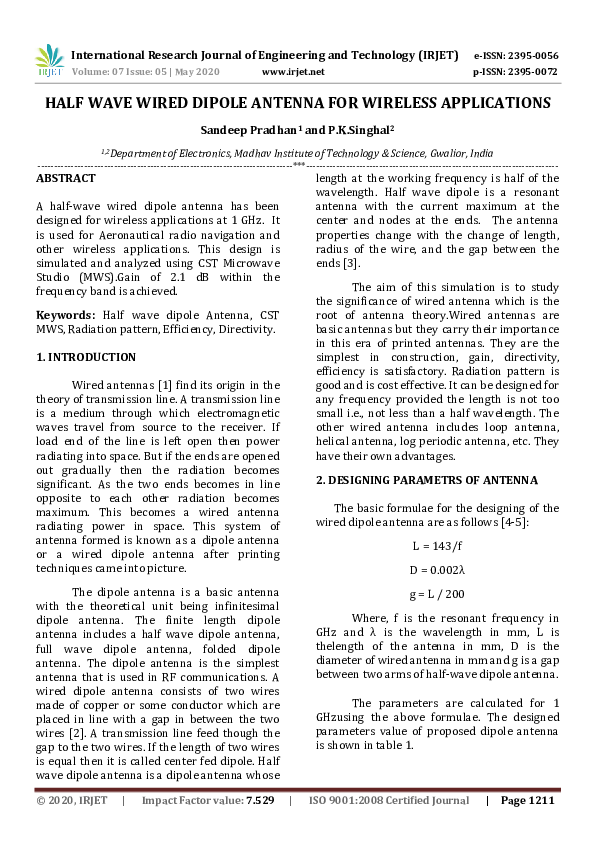 (PDF) HALF WAVE WIRED DIPOLE ANTENNA FOR WIRELESS APPLICATIONS