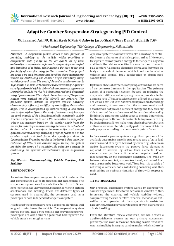 (PDF) Adaptive Camber Suspension Strategy using PID Control IRJET