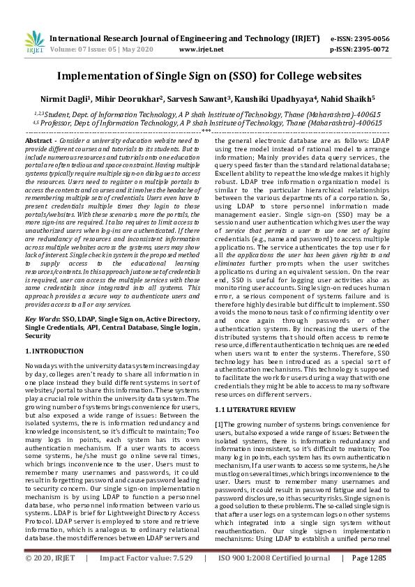 (PDF) IRJET- Implementation of Single Sign on (SSO) for College websites