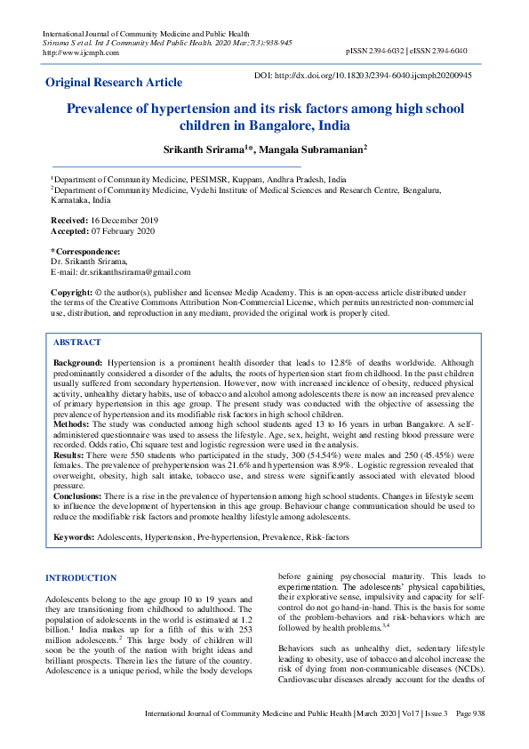 (PDF) Prevalence of hypertension and its risk factors among high school ...