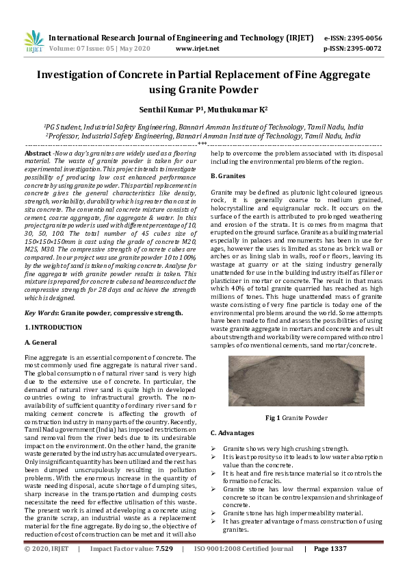 (PDF) IRJET- Investigation of Concrete in Partial Replacement of Fine ...