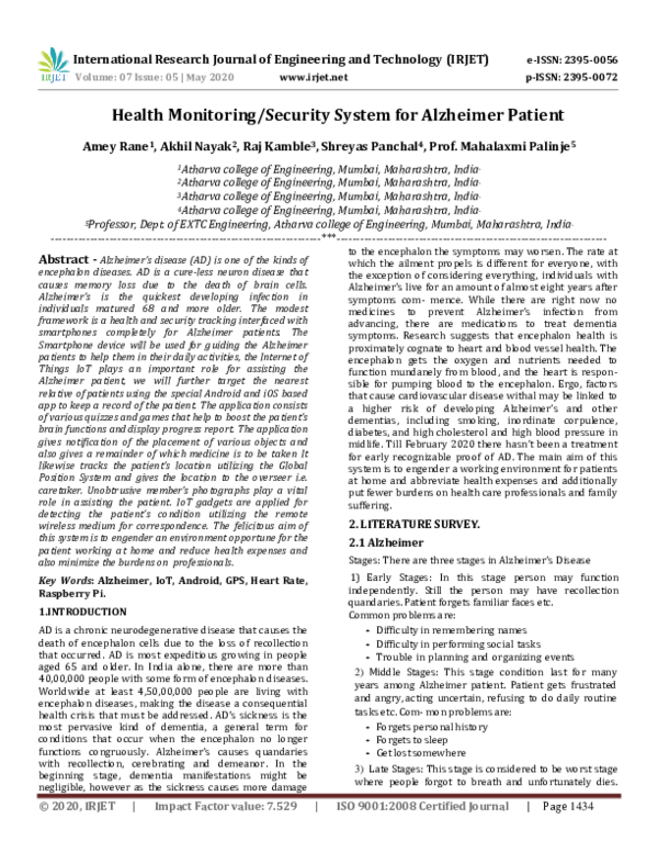 (PDF) IRJET Health Monitoring/Security System for Alzheimer Patient