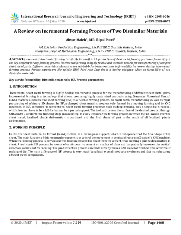 (PDF) IRJET- A Review on Incremental Forming Process of Two Dissimilar ...
