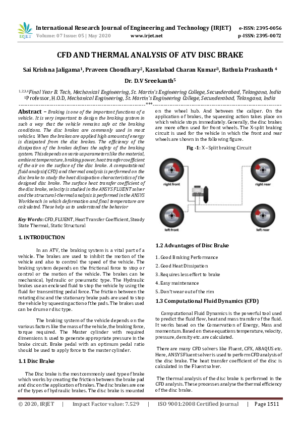 (PDF) IRJET- CFD AND THERMAL ANALYSIS OF ATV DISC BRAKE