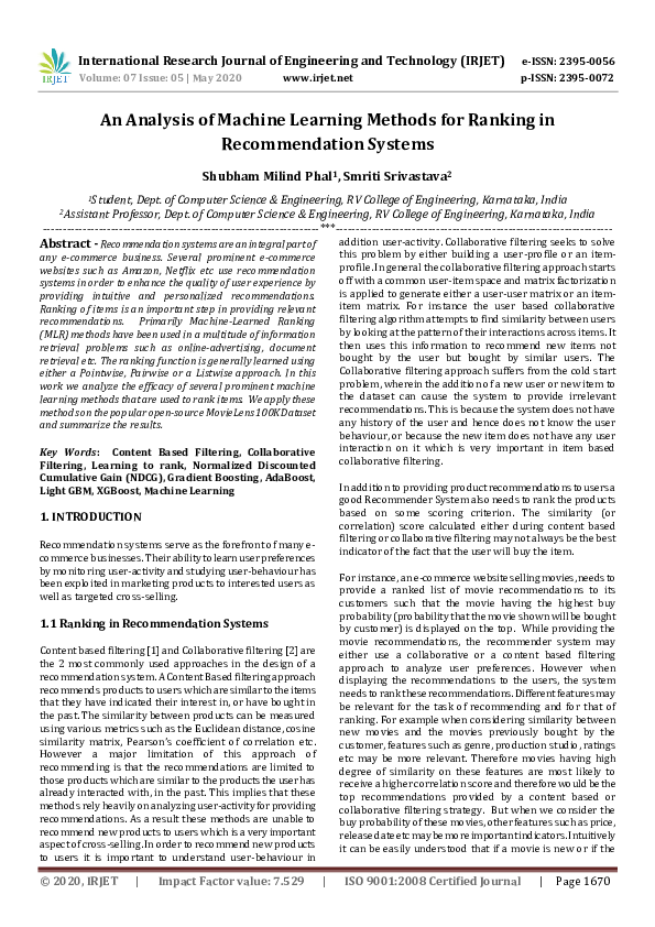 IRJET- An Analysis of Machine Learning Methods for Ranking in ...