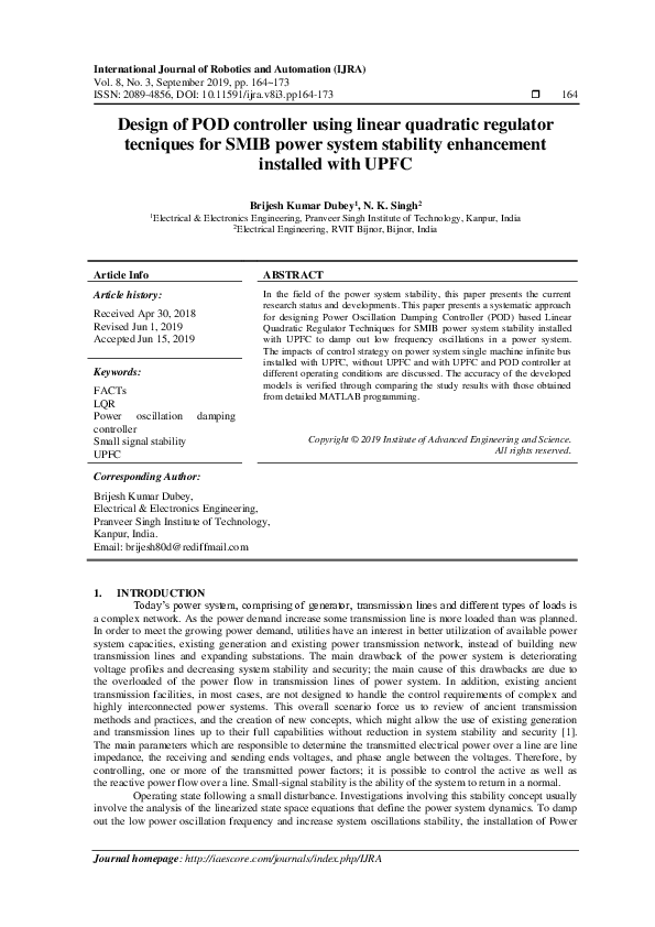 (PDF) Design of POD controller using linear quadratic regulator ...