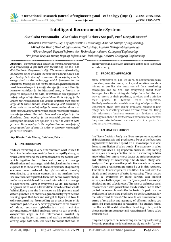 (PDF) IRJET- Intelligent Recommender System | IRJET Journal - Academia.edu