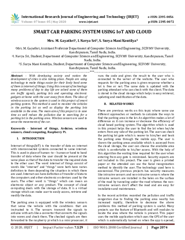 (PDF) IRJET- SMART CAR PARKING SYSTEM USING IoT AND CLOUD