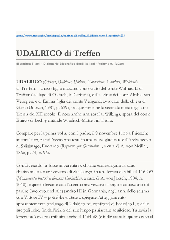 (PDF) Udalrico di Treffen, patriarca di Aquileia, in Dizionario
